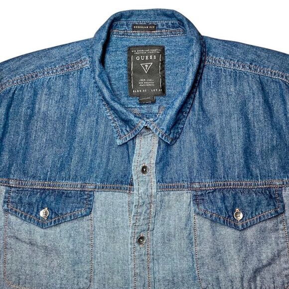 Guess Regular Fit Two Toned Chambray Long Sleeve in Blues Men’s XL - Picture 2 of 8